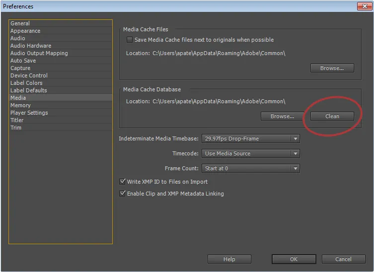 Preferences panel in Adobe Premiere