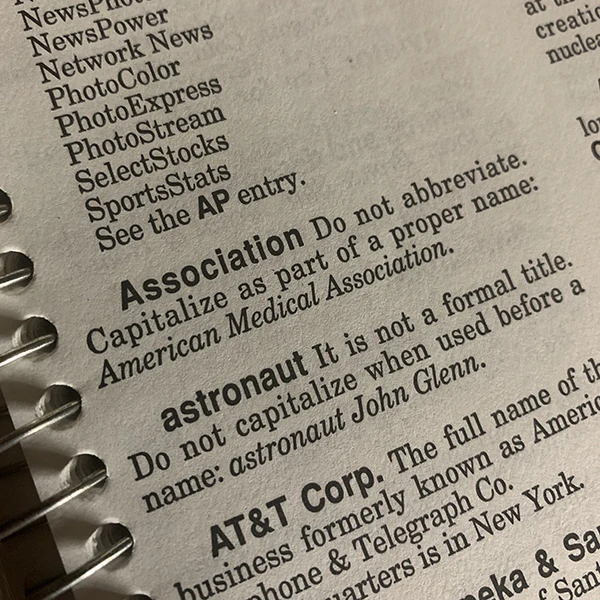 Photo of AP Stylebook entry for “Association” reads “Do not abbreviate.”