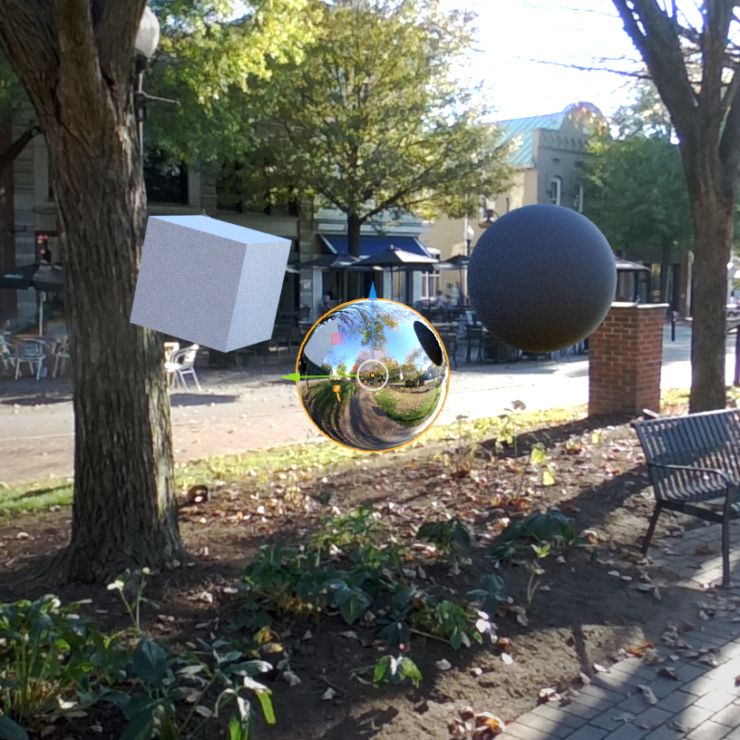 Screenshot of a 3D Scene in Blender, using our HDRI as the environment, showing how that image affects objects in a 3D scene: a matte white cube, a reflective sphere, and a matte grey cube