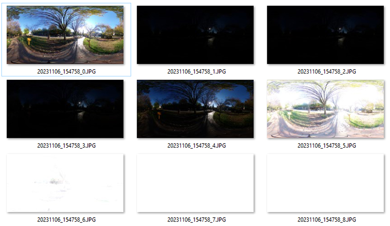 Set of nine equirectangular images with bracketed exposures