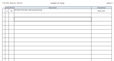 Screenshot of Shot List Template