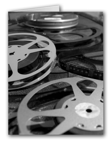 Card with black and white photos of film reels