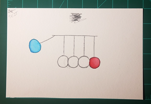 The first test drawing with a blue and red sphere